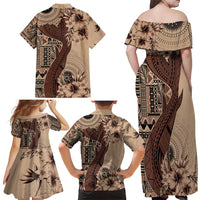 Bula Fiji Family Matching Off Shoulder Maxi Dress and Hawaiian Shirt Shark Tail Beige Masi Tapa LT7 - Polynesian Pride
