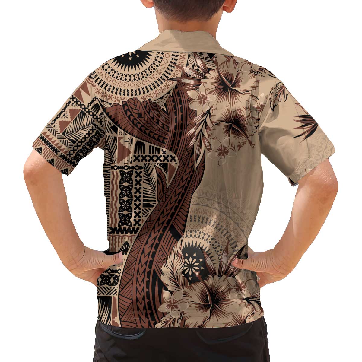 Bula Fiji Family Matching Off Shoulder Short Dress and Hawaiian Shirt Shark Tail Beige Masi Tapa LT7 - Polynesian Pride