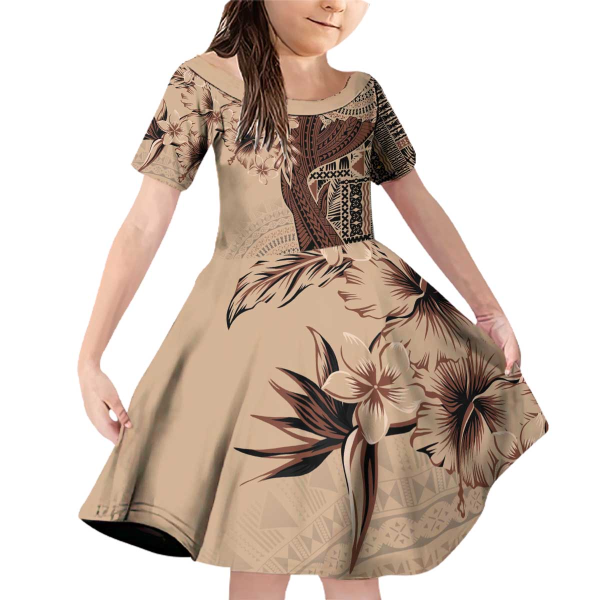 Bula Fiji Family Matching Off Shoulder Short Dress and Hawaiian Shirt Shark Tail Beige Masi Tapa LT7 Daughter's Dress Beige - Polynesian Pride