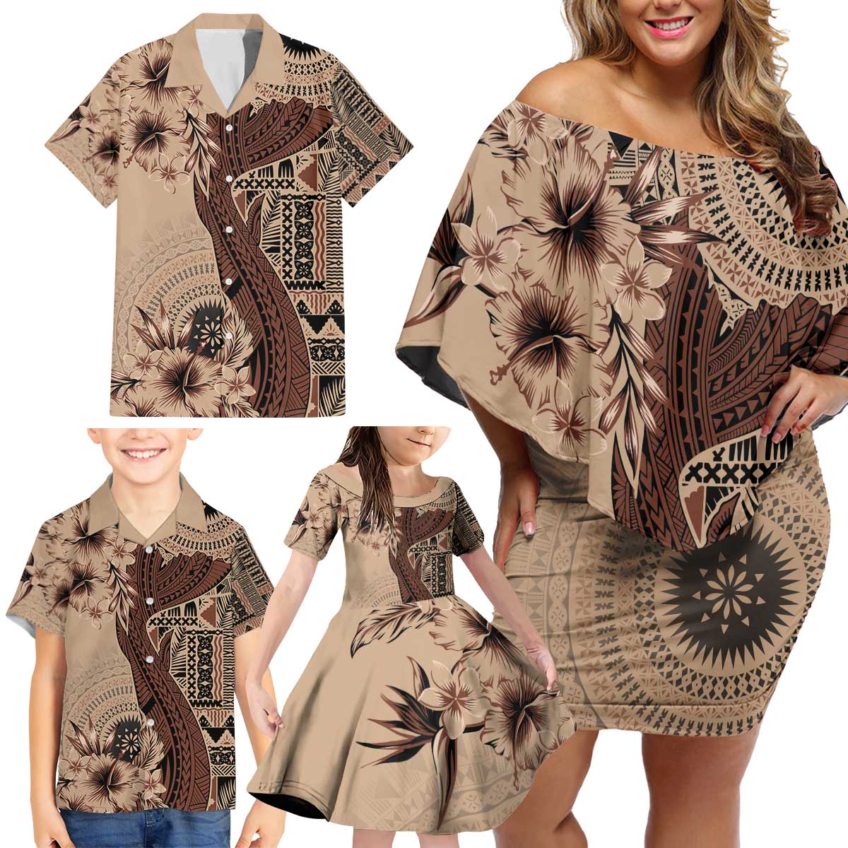 Bula Fiji Family Matching Off Shoulder Short Dress and Hawaiian Shirt Shark Tail Beige Masi Tapa LT7 - Polynesian Pride