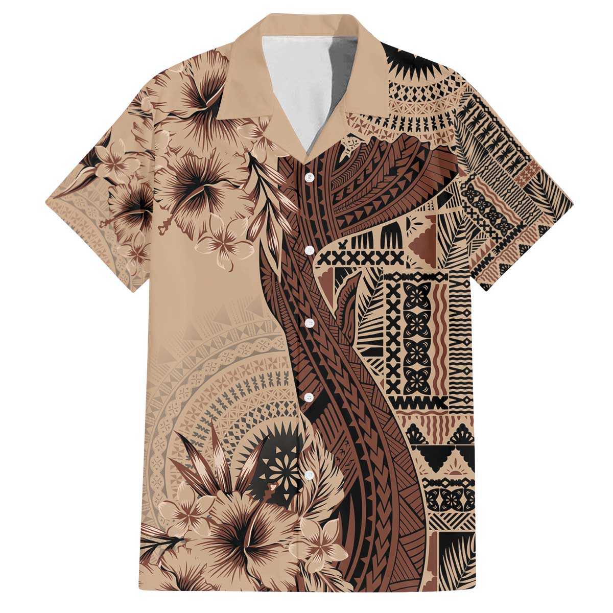 Bula Fiji Family Matching Off Shoulder Short Dress and Hawaiian Shirt Shark Tail Beige Masi Tapa LT7 Dad's Shirt - Short Sleeve Beige - Polynesian Pride