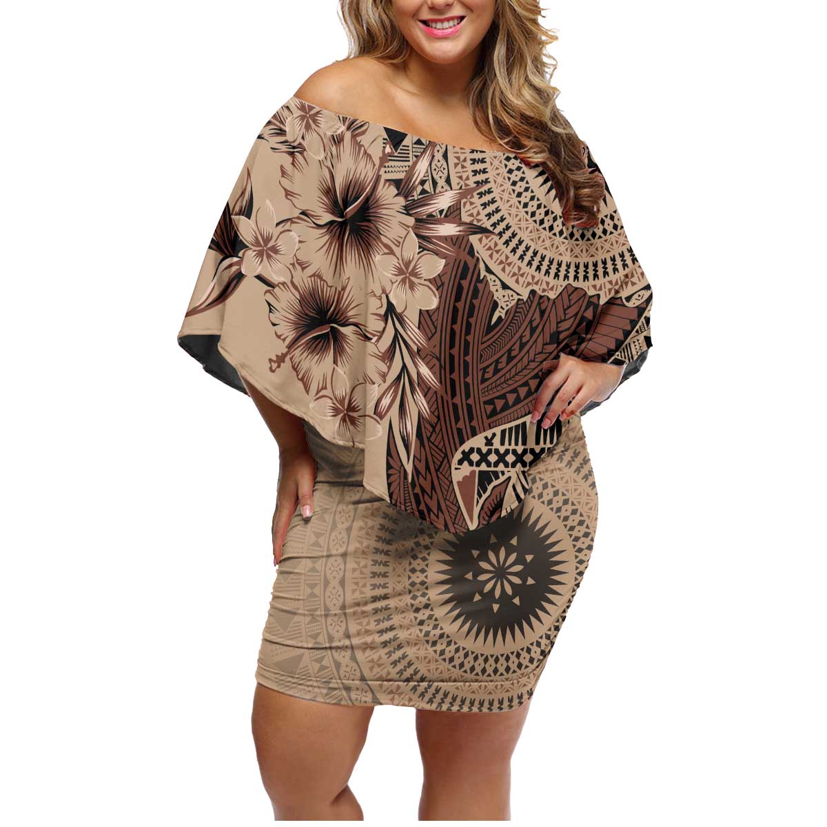 Bula Fiji Family Matching Off Shoulder Short Dress and Hawaiian Shirt Shark Tail Beige Masi Tapa LT7 Mom's Dress Beige - Polynesian Pride