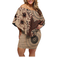 Bula Fiji Family Matching Off Shoulder Short Dress and Hawaiian Shirt Shark Tail Beige Masi Tapa LT7 Mom's Dress Beige - Polynesian Pride