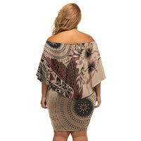 Bula Fiji Family Matching Off Shoulder Short Dress and Hawaiian Shirt Shark Tail Beige Masi Tapa LT7 - Polynesian Pride