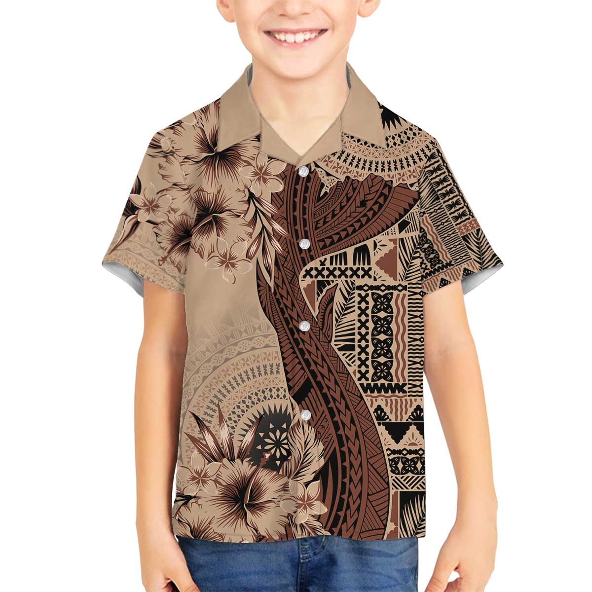 Bula Fiji Family Matching Off Shoulder Short Dress and Hawaiian Shirt Shark Tail Beige Masi Tapa LT7 Son's Shirt Beige - Polynesian Pride