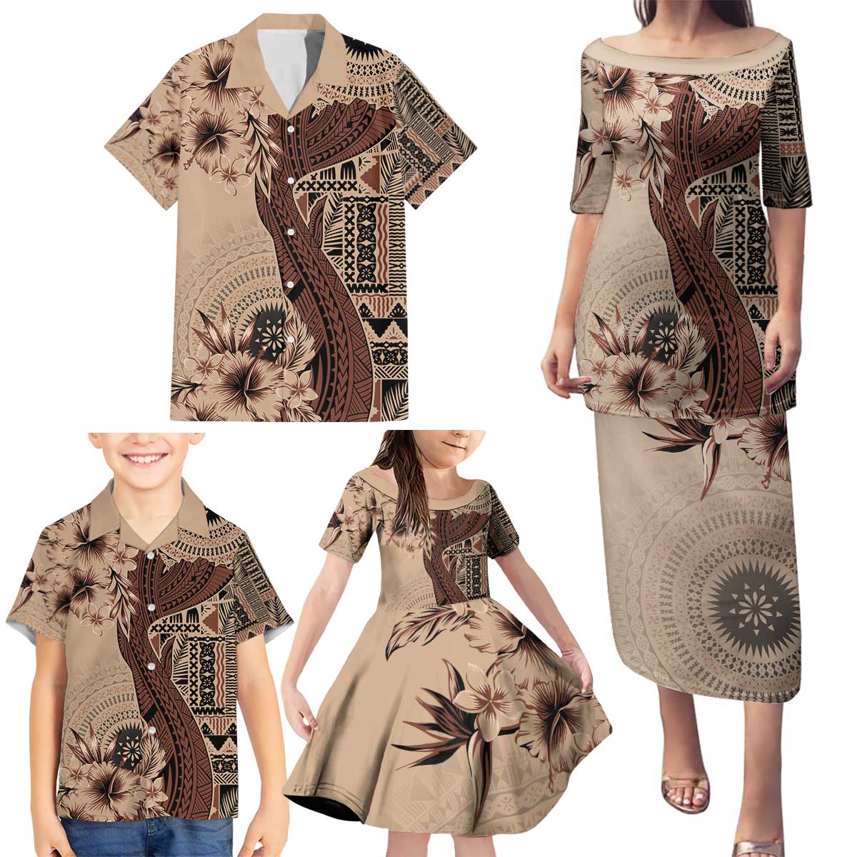 Bula Fiji Family Matching Puletasi and Hawaiian Shirt Shark Tail Beige Masi Tapa LT7 - Polynesian Pride