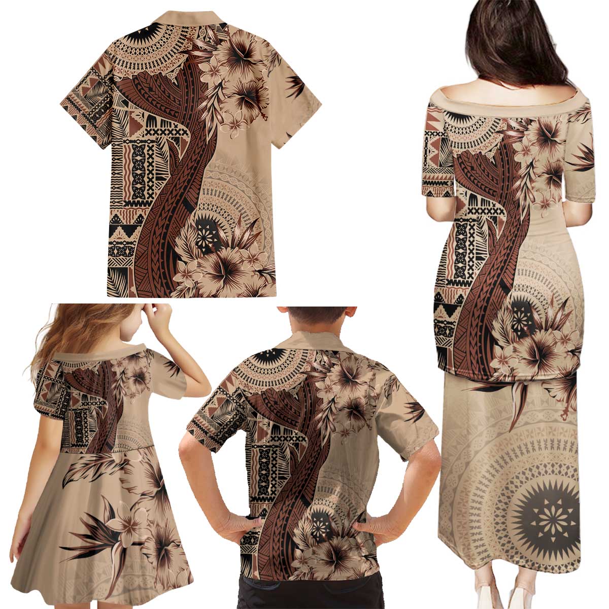 Bula Fiji Family Matching Puletasi and Hawaiian Shirt Shark Tail Beige Masi Tapa LT7 - Polynesian Pride