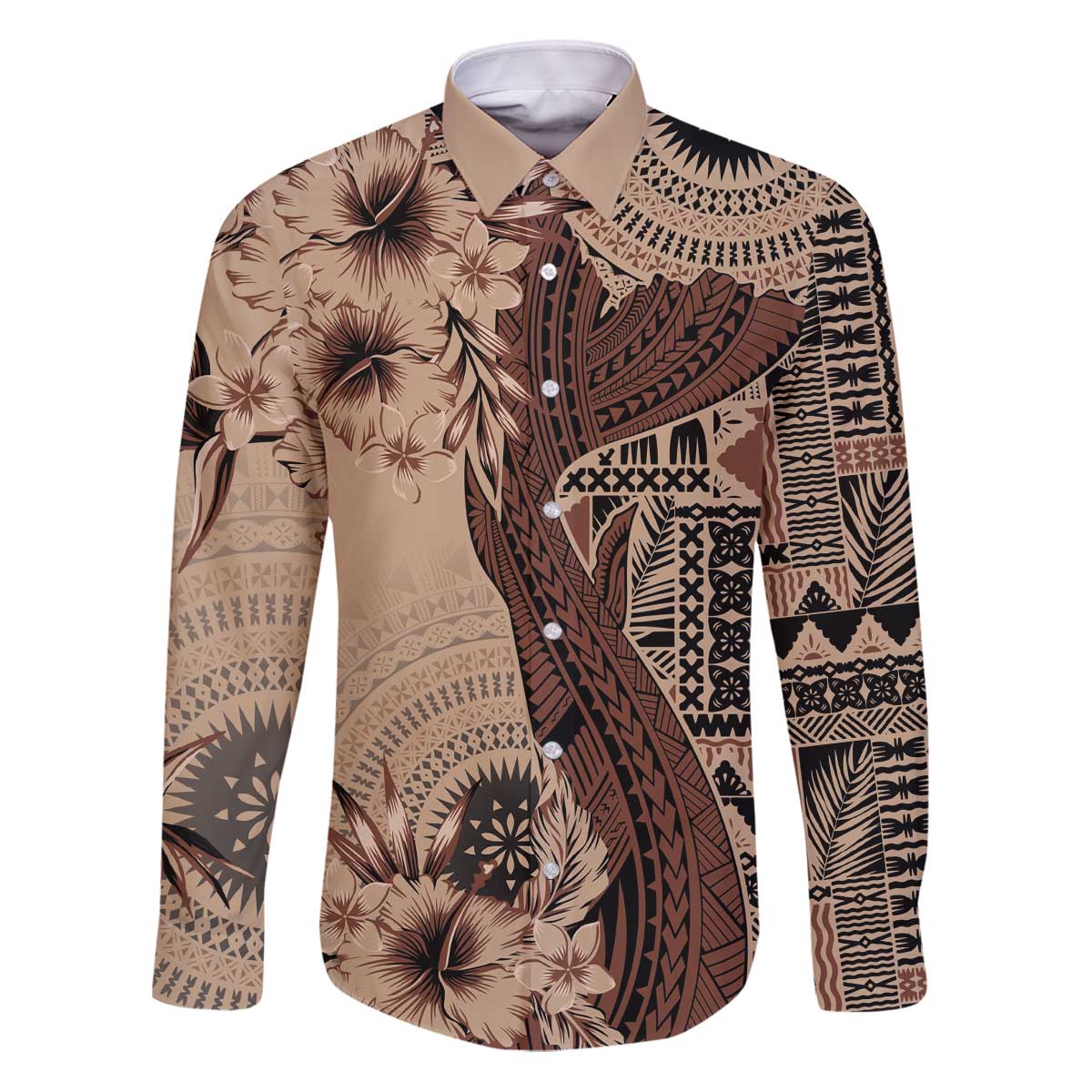 Bula Fiji Family Matching Puletasi and Hawaiian Shirt Shark Tail Beige Masi Tapa LT7 Dad's Shirt - Long Sleeve Beige - Polynesian Pride