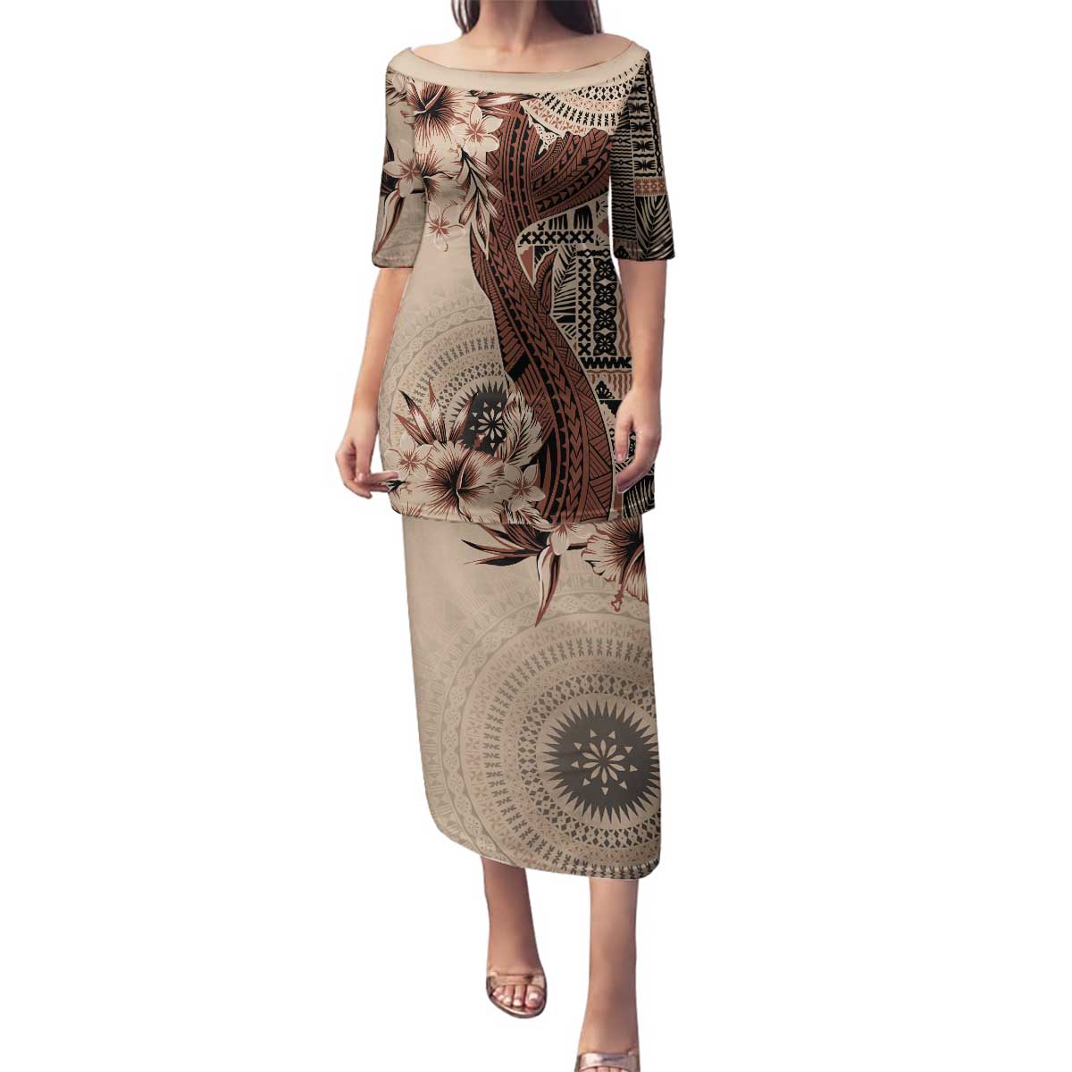 Bula Fiji Family Matching Puletasi and Hawaiian Shirt Shark Tail Beige Masi Tapa LT7 Mom's Dress Beige - Polynesian Pride