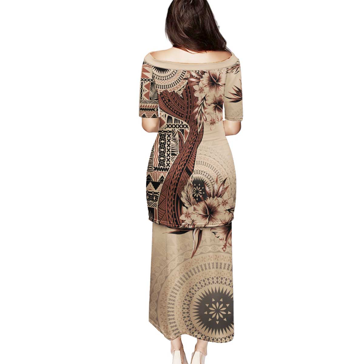 Bula Fiji Family Matching Puletasi and Hawaiian Shirt Shark Tail Beige Masi Tapa LT7 - Polynesian Pride