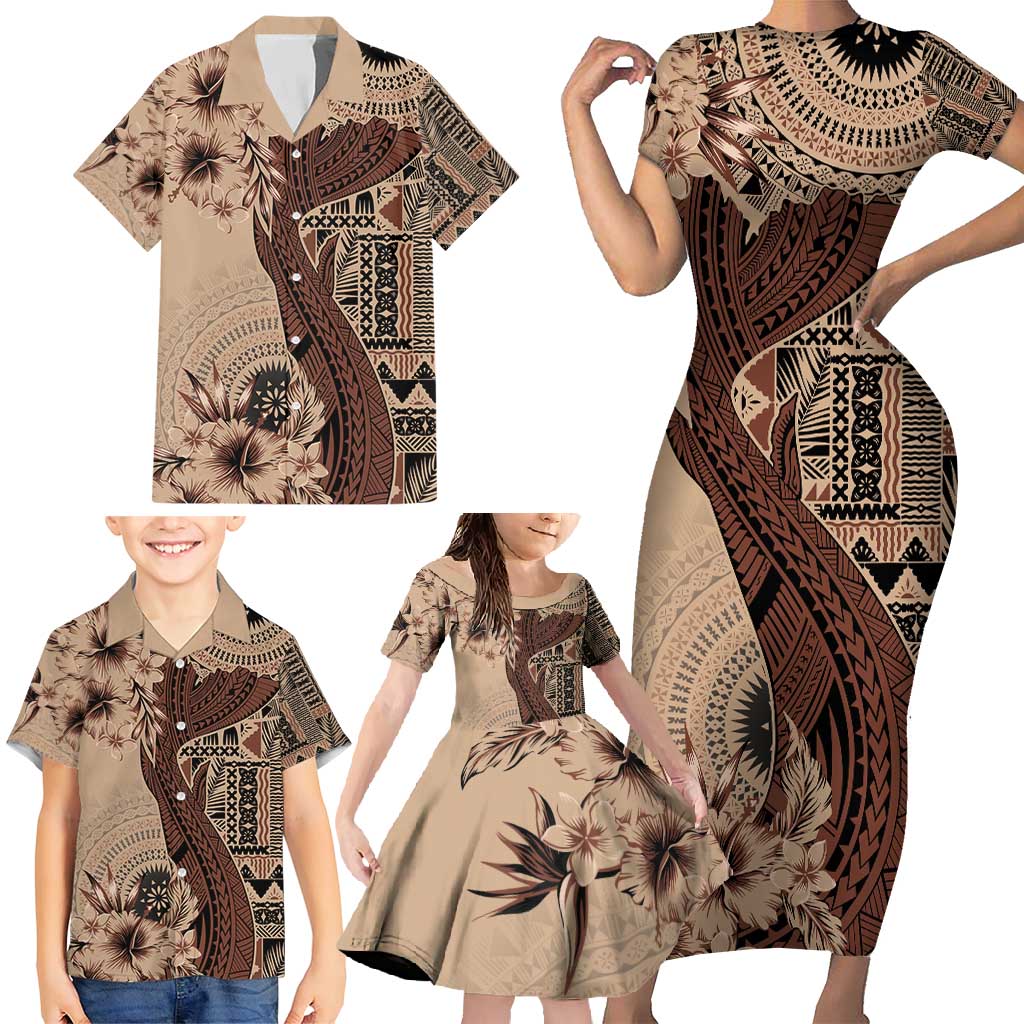 Bula Fiji Family Matching Short Sleeve Bodycon Dress and Hawaiian Shirt Shark Tail Beige Masi Tapa LT7 - Polynesian Pride