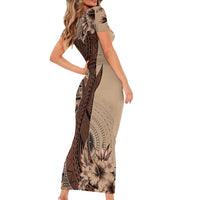 Bula Fiji Family Matching Short Sleeve Bodycon Dress and Hawaiian Shirt Shark Tail Beige Masi Tapa LT7 - Polynesian Pride