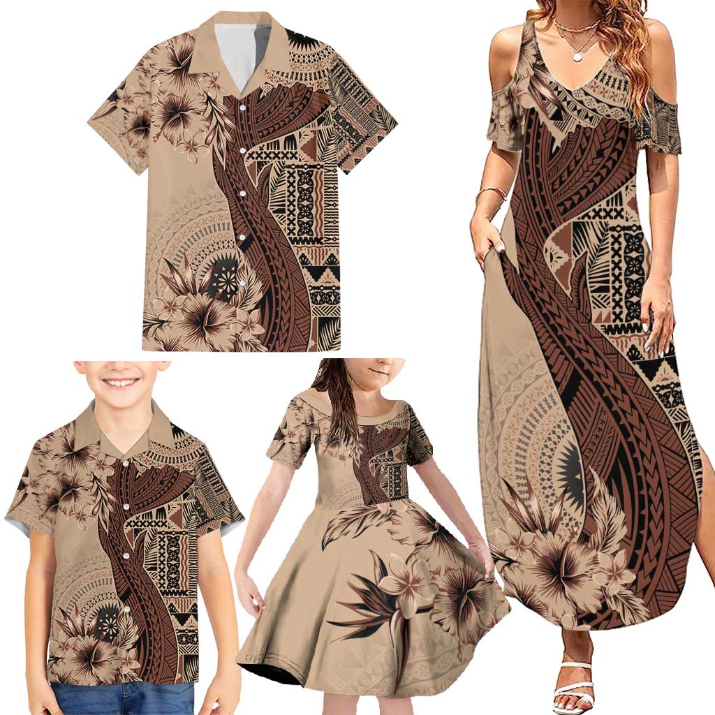 Bula Fiji Family Matching Summer Maxi Dress and Hawaiian Shirt Shark Tail Beige Masi Tapa LT7 - Polynesian Pride