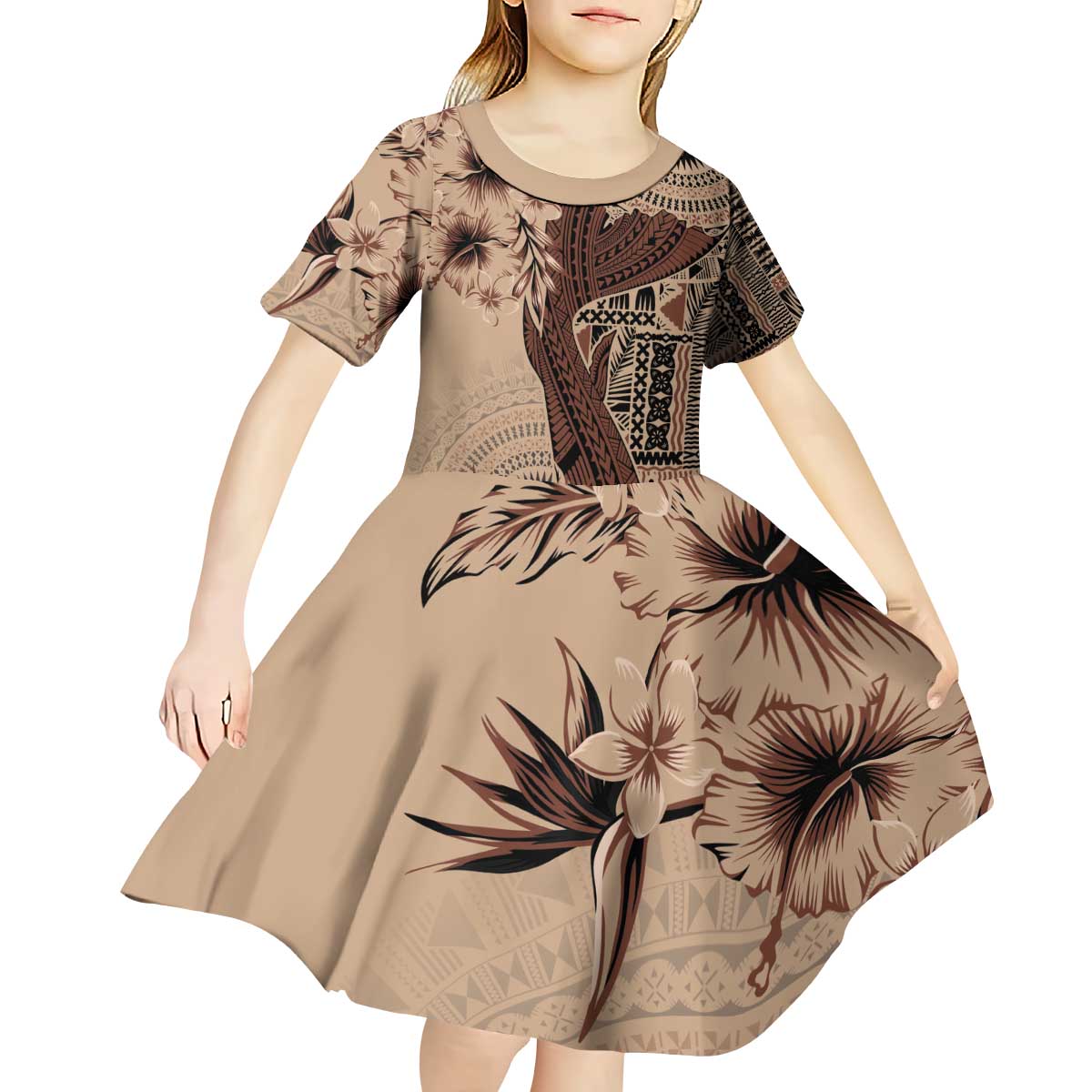 Bula Fiji Kid Short Sleeve Dress Shark Tail Beige Masi Tapa