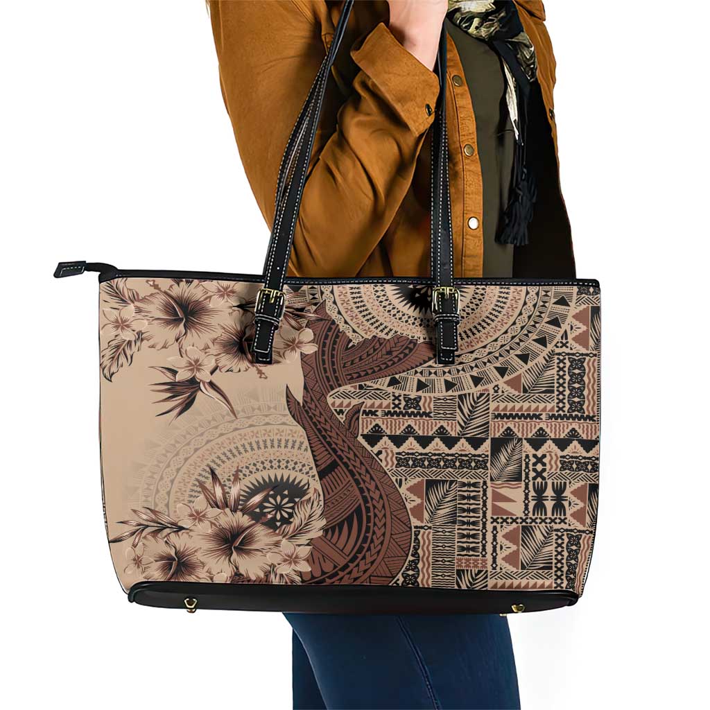 Bula Fiji Leather Tote Bag Shark Tail Beige Masi Tapa