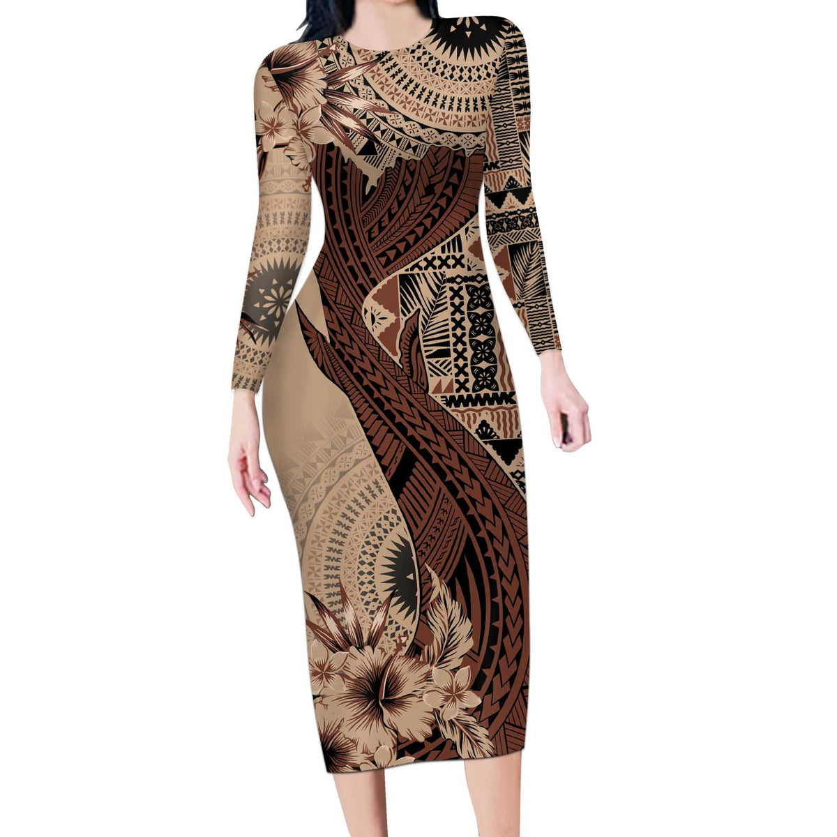 Bula Fiji Long Sleeve Bodycon Dress Shark Tail Beige Masi Tapa LT7 Long Dress Beige - Polynesian Pride