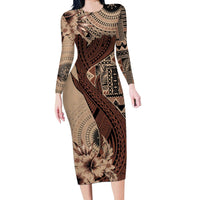 Bula Fiji Long Sleeve Bodycon Dress Shark Tail Beige Masi Tapa LT7 Long Dress Beige - Polynesian Pride