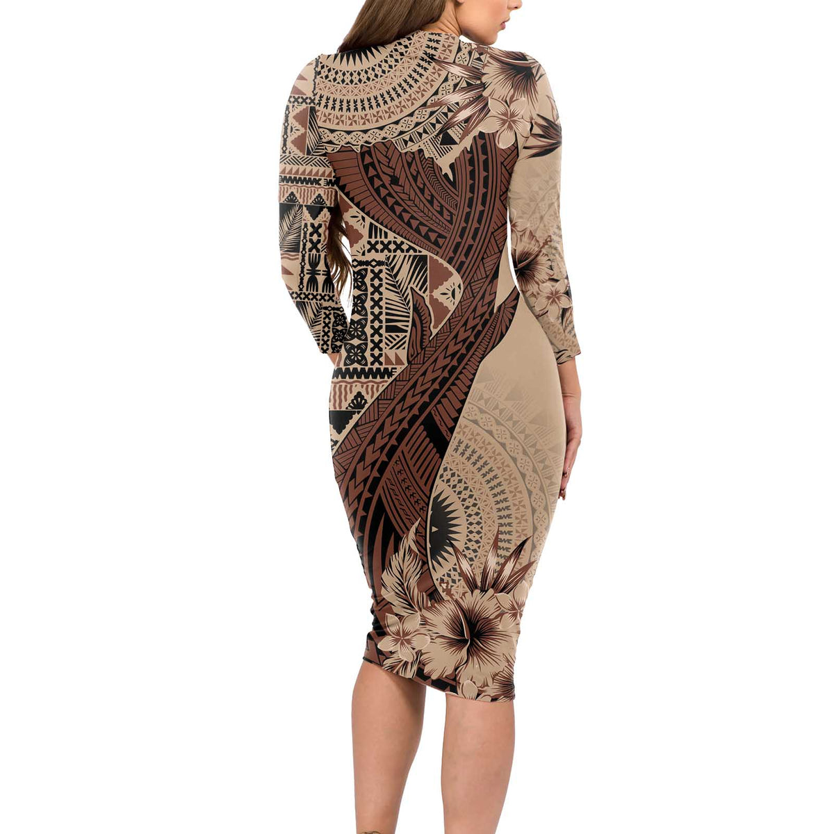 Bula Fiji Long Sleeve Bodycon Dress Shark Tail Beige Masi Tapa LT7 - Polynesian Pride