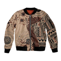 Bula Fiji Sleeve Zip Bomber Jacket Shark Tail Beige Masi Tapa LT7 Unisex Beige - Polynesian Pride