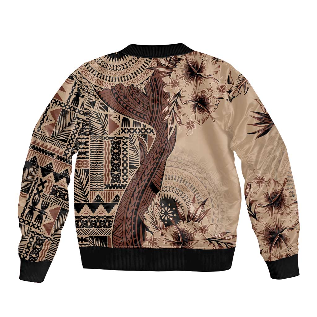 Bula Fiji Sleeve Zip Bomber Jacket Shark Tail Beige Masi Tapa LT7 - Polynesian Pride