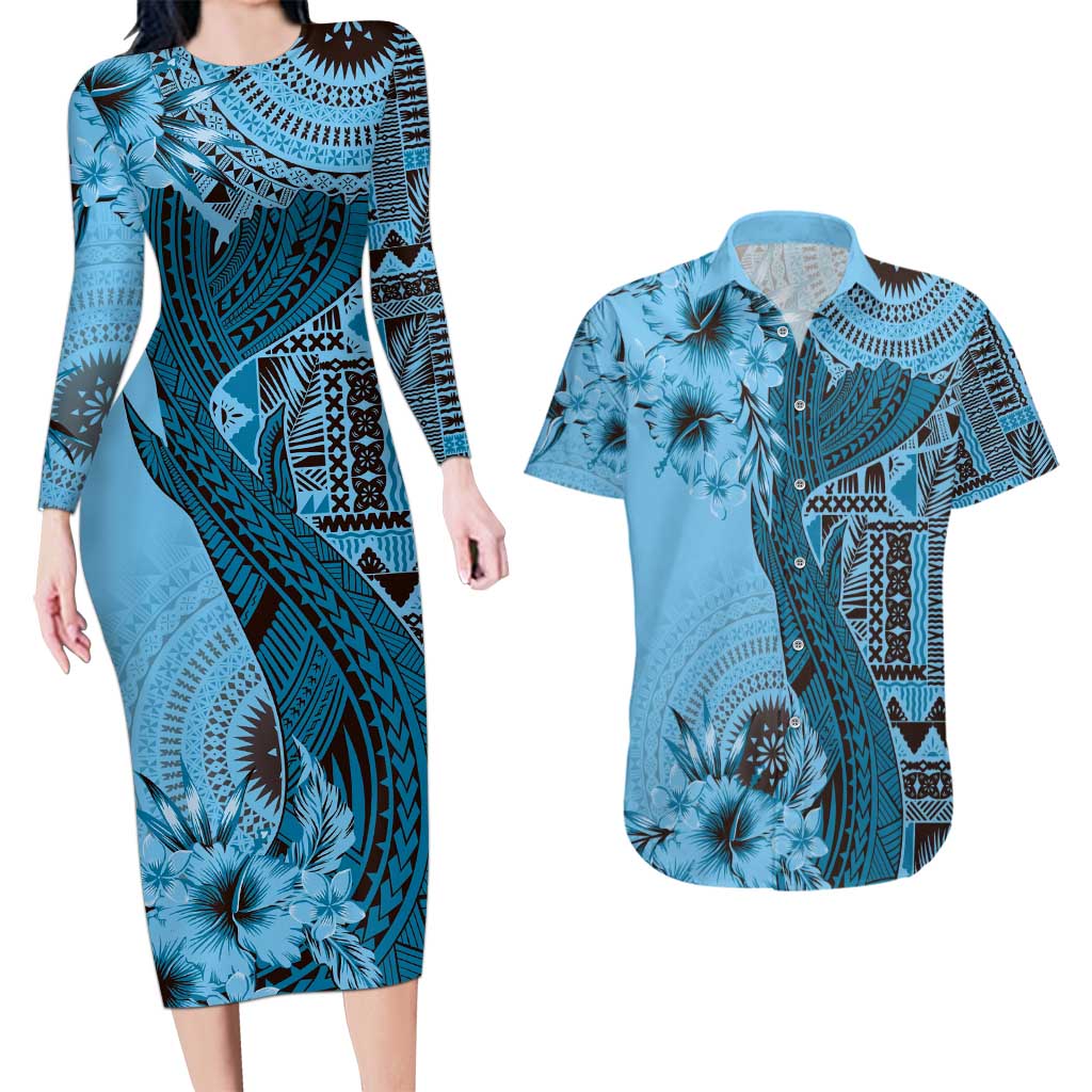 Bula Fiji Couples Matching Long Sleeve Bodycon Dress and Hawaiian Shirt Shark Tail Turquoise Masi Tapa LT7 Turquoise - Polynesian Pride