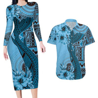Bula Fiji Couples Matching Long Sleeve Bodycon Dress and Hawaiian Shirt Shark Tail Turquoise Masi Tapa LT7 Turquoise - Polynesian Pride