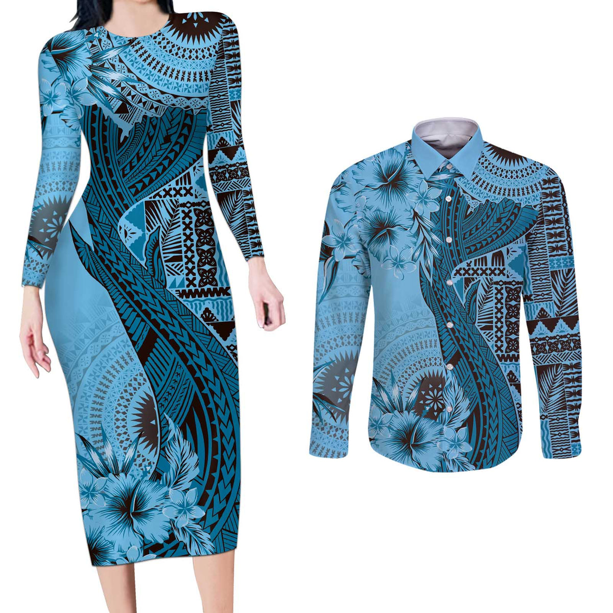 Bula Fiji Couples Matching Long Sleeve Bodycon Dress and Long Sleeve Button Shirt Shark Tail Turquoise Masi Tapa LT7 Turquoise - Polynesian Pride