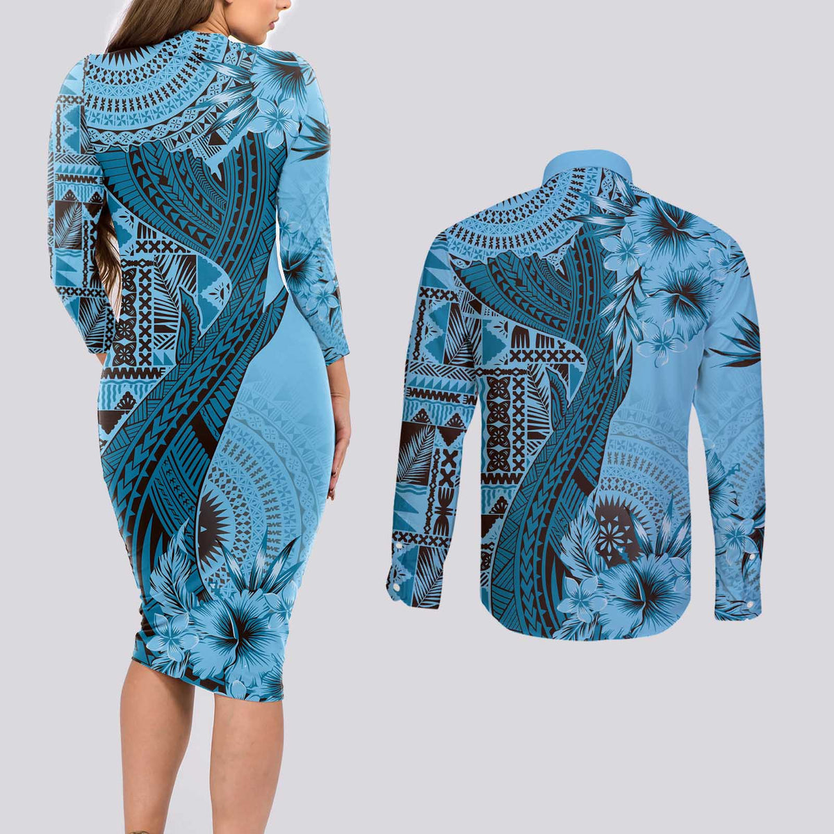 Bula Fiji Couples Matching Long Sleeve Bodycon Dress and Long Sleeve Button Shirt Shark Tail Turquoise Masi Tapa LT7 - Polynesian Pride