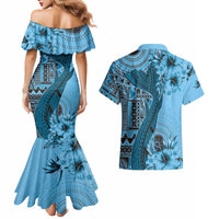 Bula Fiji Couples Matching Mermaid Dress and Hawaiian Shirt Shark Tail Turquoise Masi Tapa LT7 - Polynesian Pride