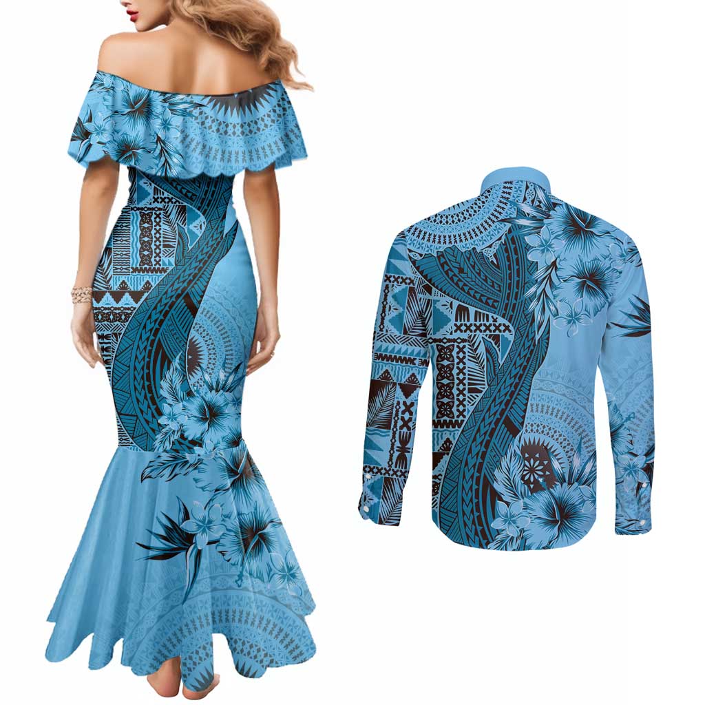 Bula Fiji Couples Matching Mermaid Dress and Long Sleeve Button Shirt Shark Tail Turquoise Masi Tapa LT7 - Polynesian Pride