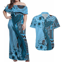 Bula Fiji Couples Matching Off Shoulder Maxi Dress and Hawaiian Shirt Shark Tail Turquoise Masi Tapa LT7 Turquoise - Polynesian Pride