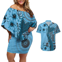 Bula Fiji Couples Matching Off Shoulder Short Dress and Hawaiian Shirt Shark Tail Turquoise Masi Tapa LT7 Turquoise - Polynesian Pride
