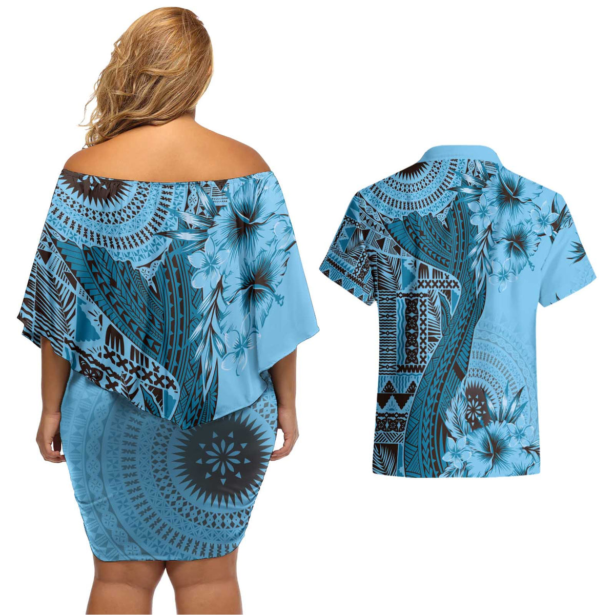 Bula Fiji Couples Matching Off Shoulder Short Dress and Hawaiian Shirt Shark Tail Turquoise Masi Tapa LT7 - Polynesian Pride