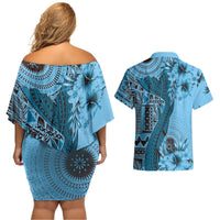 Bula Fiji Couples Matching Off Shoulder Short Dress and Hawaiian Shirt Shark Tail Turquoise Masi Tapa LT7 - Polynesian Pride