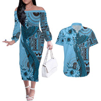 Bula Fiji Couples Matching Off The Shoulder Long Sleeve Dress and Hawaiian Shirt Shark Tail Turquoise Masi Tapa LT7 Turquoise - Polynesian Pride