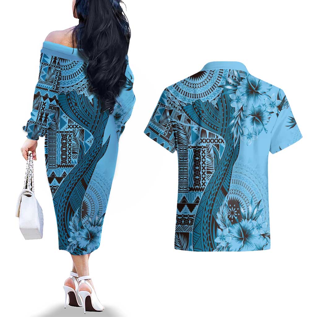 Bula Fiji Couples Matching Off The Shoulder Long Sleeve Dress and Hawaiian Shirt Shark Tail Turquoise Masi Tapa LT7 - Polynesian Pride