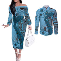 Bula Fiji Couples Matching Off The Shoulder Long Sleeve Dress and Long Sleeve Button Shirt Shark Tail Turquoise Masi Tapa LT7 Turquoise - Polynesian Pride