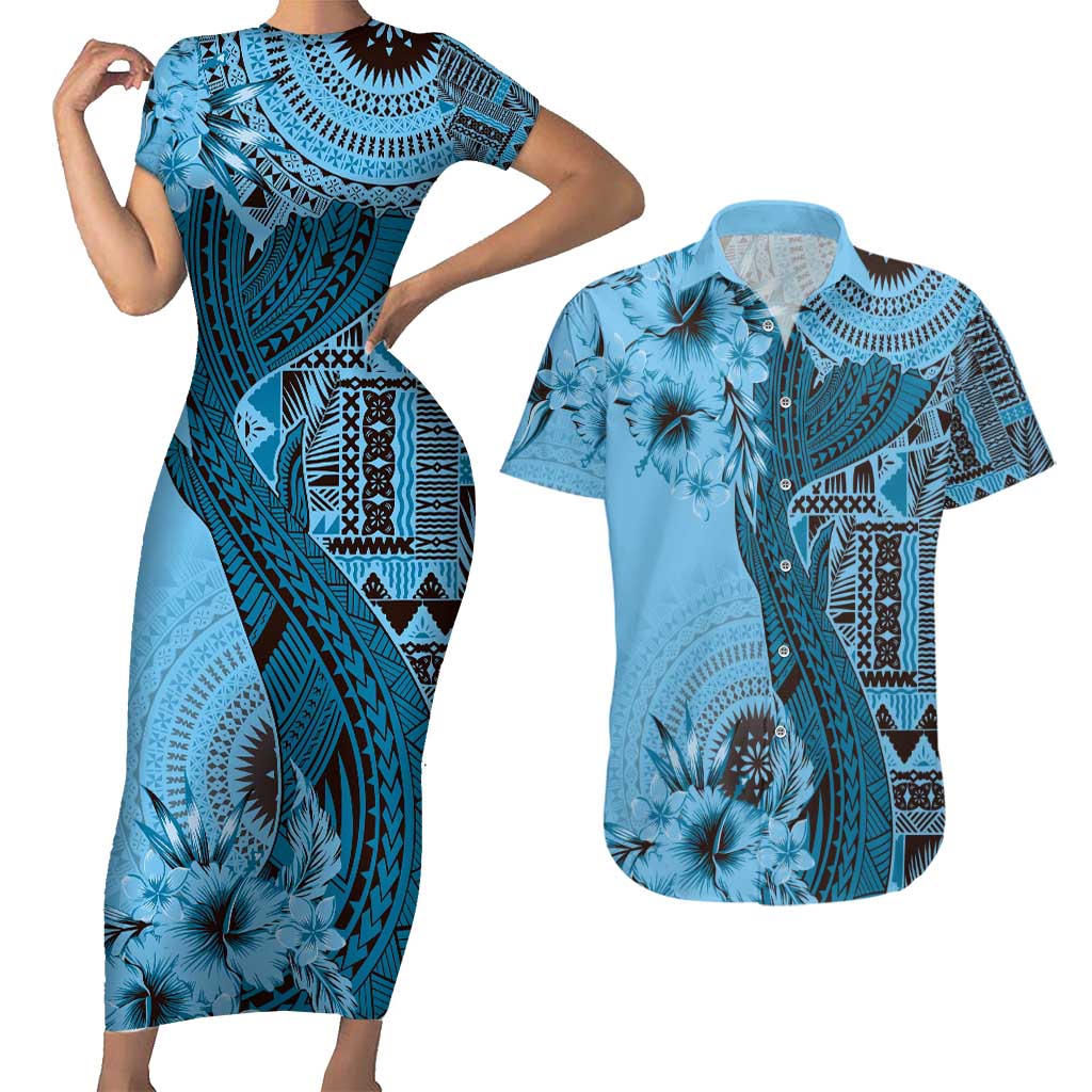 Bula Fiji Couples Matching Short Sleeve Bodycon Dress and Hawaiian Shirt Shark Tail Turquoise Masi Tapa LT7 Turquoise - Polynesian Pride