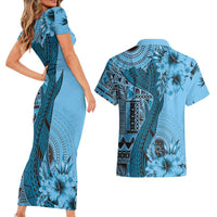 Bula Fiji Couples Matching Short Sleeve Bodycon Dress and Hawaiian Shirt Shark Tail Turquoise Masi Tapa LT7 - Polynesian Pride