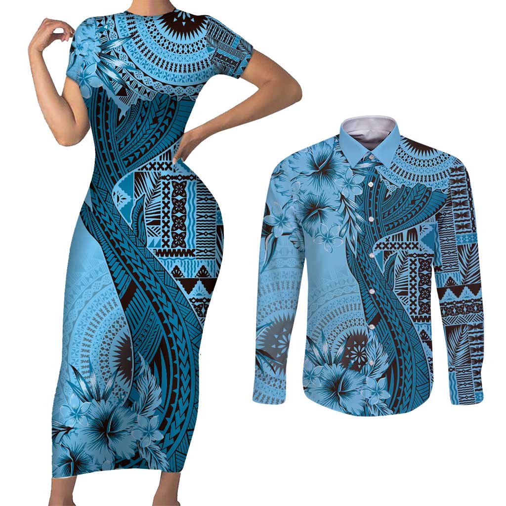 Bula Fiji Couples Matching Short Sleeve Bodycon Dress and Long Sleeve Button Shirt Shark Tail Turquoise Masi Tapa LT7 Turquoise - Polynesian Pride
