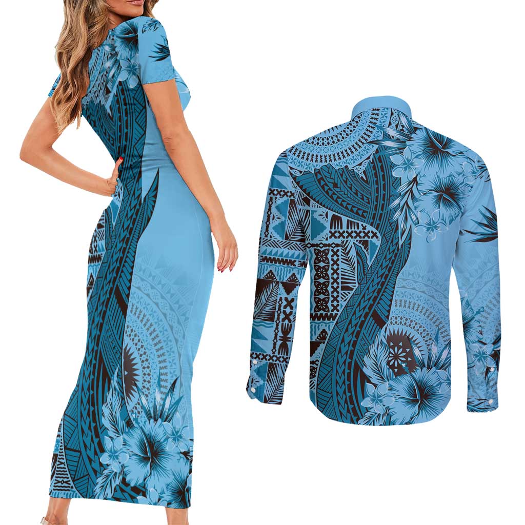 Bula Fiji Couples Matching Short Sleeve Bodycon Dress and Long Sleeve Button Shirt Shark Tail Turquoise Masi Tapa LT7 - Polynesian Pride