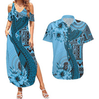 Bula Fiji Couples Matching Summer Maxi Dress and Hawaiian Shirt Shark Tail Turquoise Masi Tapa LT7 Turquoise - Polynesian Pride