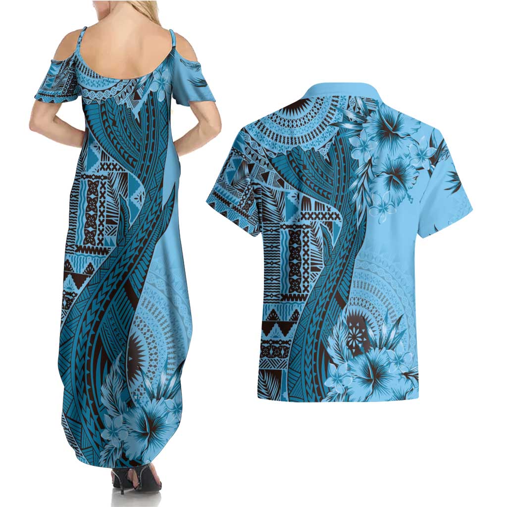 Bula Fiji Couples Matching Summer Maxi Dress and Hawaiian Shirt Shark Tail Turquoise Masi Tapa LT7 - Polynesian Pride