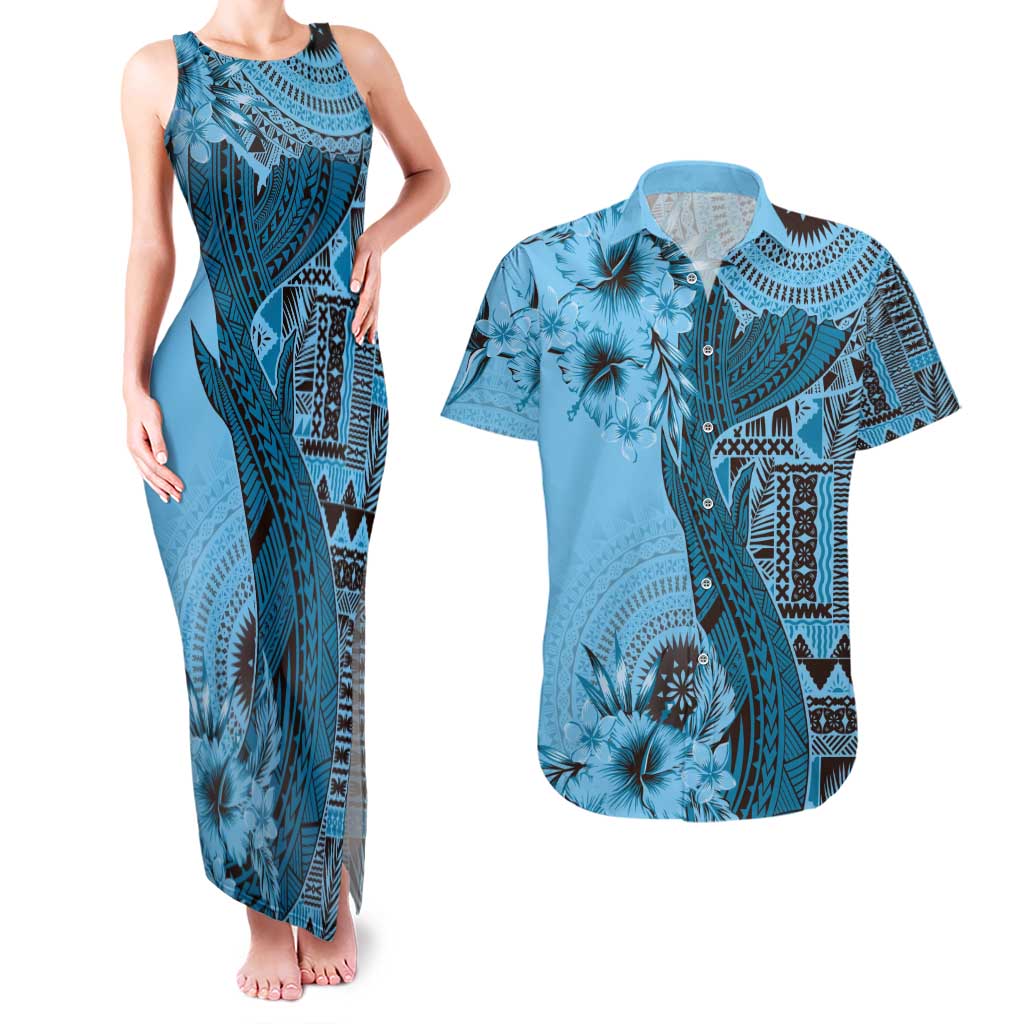 Bula Fiji Couples Matching Tank Maxi Dress and Hawaiian Shirt Shark Tail Turquoise Masi Tapa LT7 Turquoise - Polynesian Pride