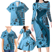Bula Fiji Family Matching Long Sleeve Bodycon Dress and Hawaiian Shirt Shark Tail Turquoise Masi Tapa LT7 - Polynesian Pride