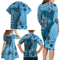 Bula Fiji Family Matching Long Sleeve Bodycon Dress and Hawaiian Shirt Shark Tail Turquoise Masi Tapa LT7 - Polynesian Pride