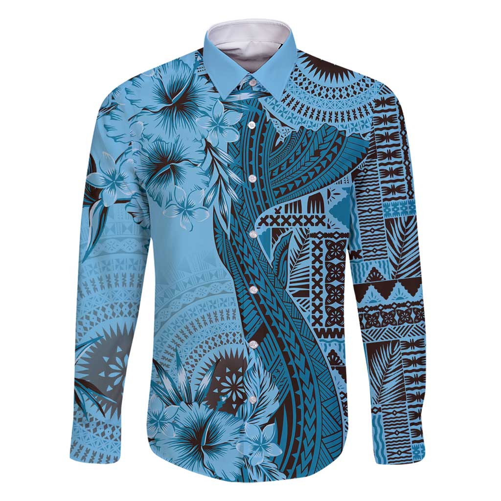 Bula Fiji Family Matching Long Sleeve Bodycon Dress and Hawaiian Shirt Shark Tail Turquoise Masi Tapa LT7 Dad's Shirt - Long Sleeve Turquoise - Polynesian Pride