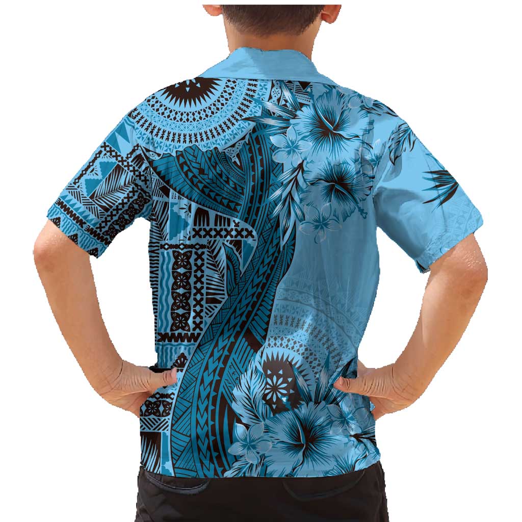 Bula Fiji Family Matching Mermaid Dress and Hawaiian Shirt Shark Tail Turquoise Masi Tapa LT7 - Polynesian Pride