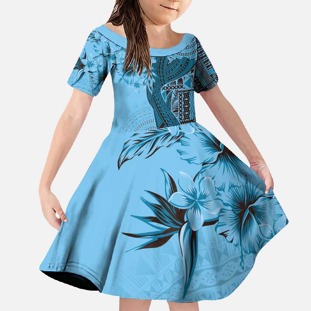 Bula Fiji Family Matching Mermaid Dress and Hawaiian Shirt Shark Tail Turquoise Masi Tapa LT7 Daughter's Dress Turquoise - Polynesian Pride