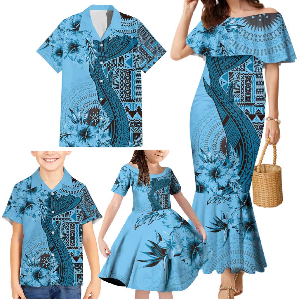 Bula Fiji Family Matching Mermaid Dress and Hawaiian Shirt Shark Tail Turquoise Masi Tapa LT7 - Polynesian Pride